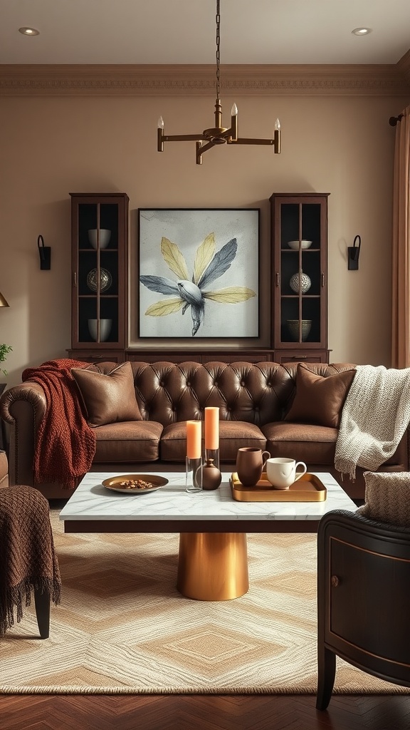 Cozy living room with a rustic chocolate wood coffee table featuring a marble top, surrounded by a leather sofa and decorative elements.