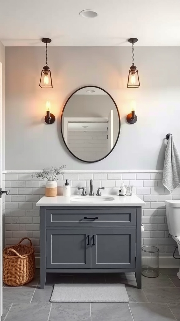 A bathroom featuring a gray vanity with rustic lighting fixtures, including hanging lanterns and wall sconces.