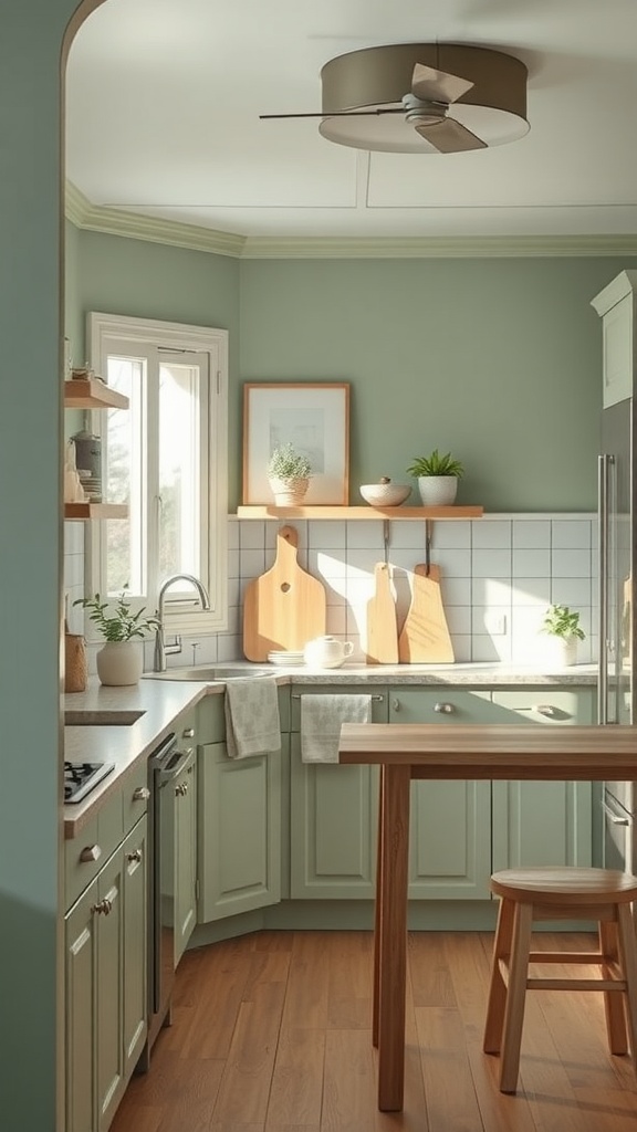 A cozy kitchen featuring sage green cabinets and walls, with wooden accents and natural light.