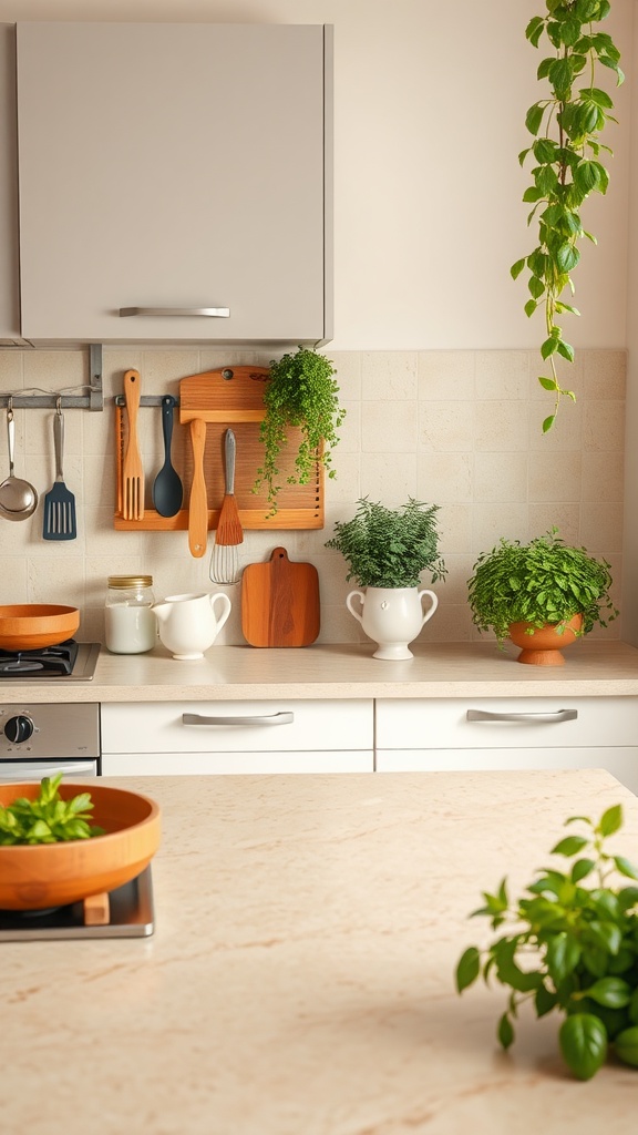 A kitchen with sandy beige countertops, white cabinets, wooden utensils, and potted herbs.