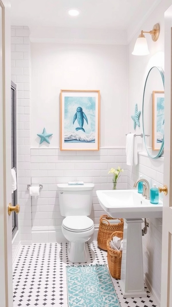 A bathroom decorated with seaside artwork and decor, featuring a sea creature print, starfish accents, and a calm blue color scheme.