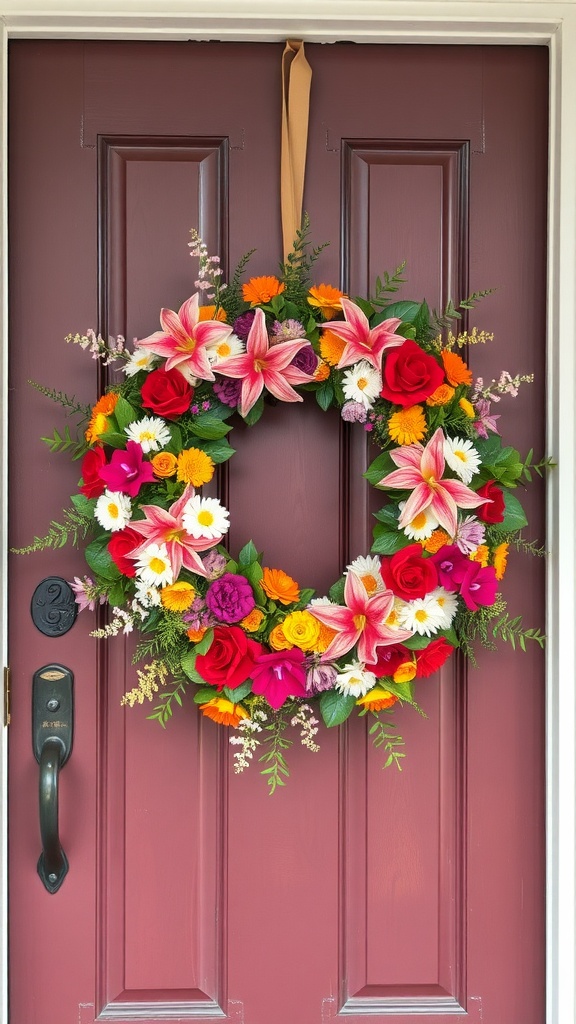 Colorful floral wreath on a burgundy door