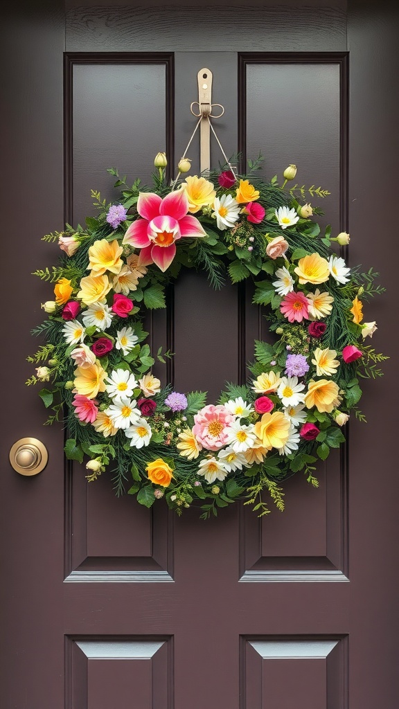 A colorful summer wreath made of flowers like daisies, roses, and orchids hanging on a dark door.