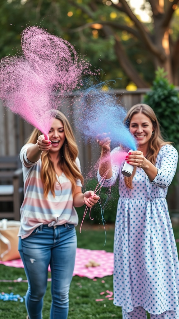 Two women celebrating a gender reveal with colorful silly string, surrounded by a festive outdoor setting.