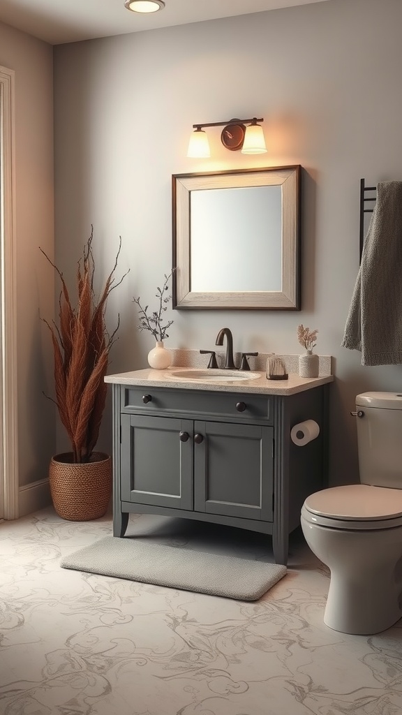 A bathroom featuring a gray vanity, soft ambient lighting, and natural decor elements.