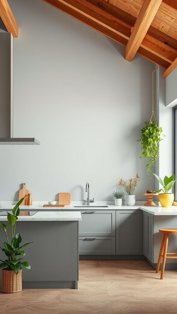 A modern kitchen with soft gray walls, wooden beams, and plants.