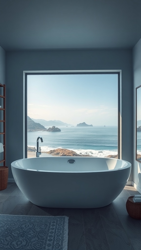 A modern bathtub with an ocean view through a large window, surrounded by blue walls and a plant.