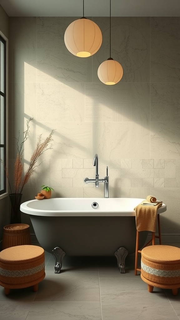 A soothing bathroom with soft green walls, a round mirror, a white sink, and natural decor.