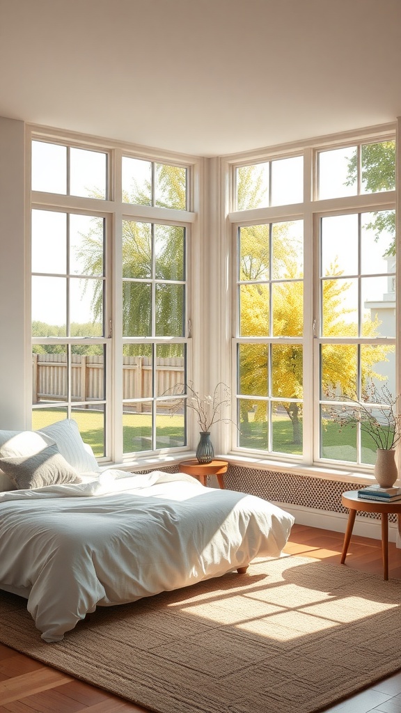 Bright bedroom with large windows letting in natural light, showcasing a cozy bed and a view of greenery outside.