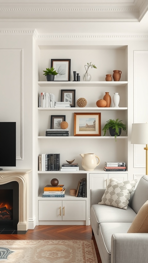 An elegant off-white shelving unit displayed with books, plants, and decorative items in a living room.