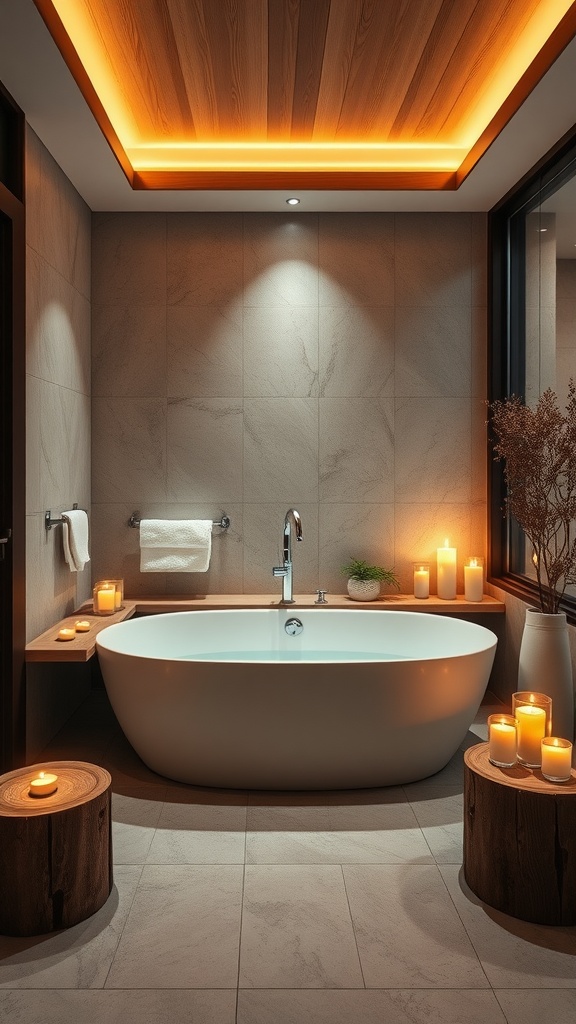 A serene bathroom with a freestanding tub, warm lighting, and candles, creating a spa-like atmosphere.