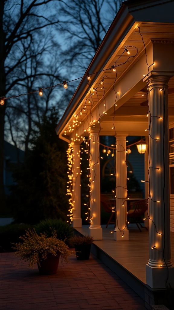 A cozy porch decorated with string lights, creating a magical evening atmosphere.