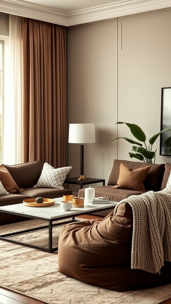A cozy living room showcasing chocolate bean bag chairs, accented by warm tones and stylish decor.