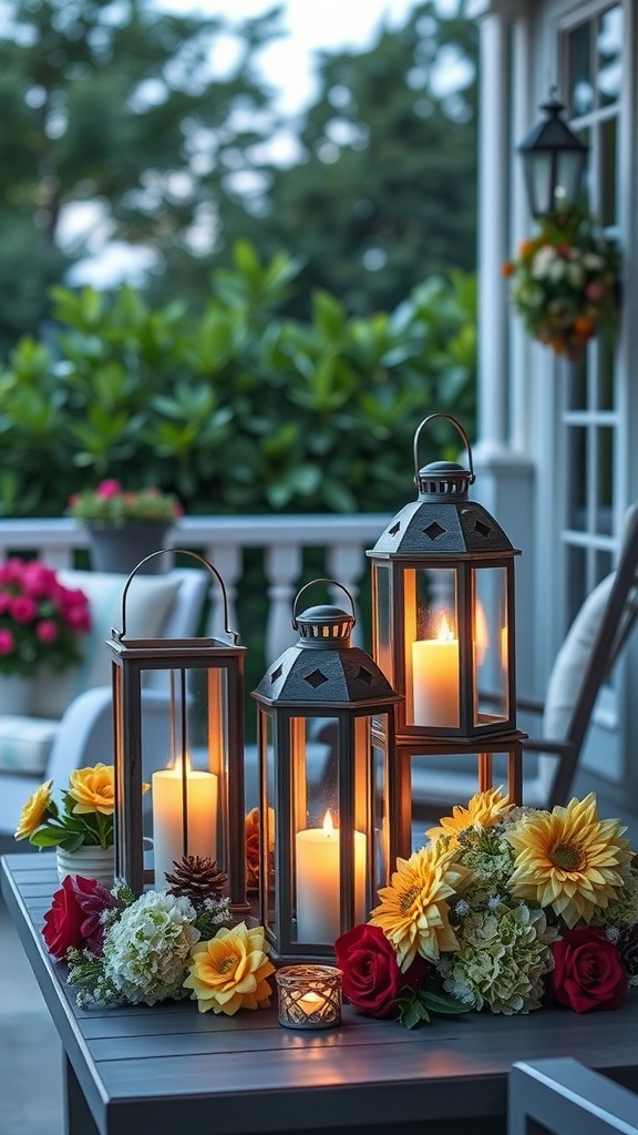 Three stylish lanterns with candles on a porch table, surrounded by colorful flowers.