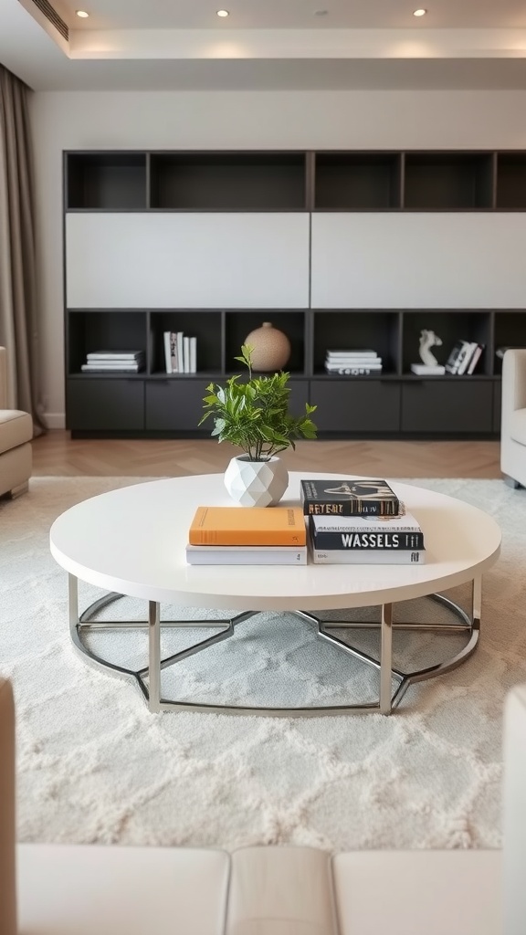 A stylish off-white coffee table with a round top and geometric metallic base, surrounded by a cozy living room setting.