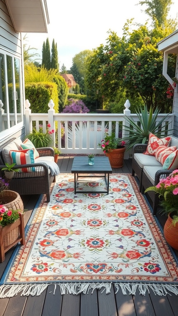 A stylish outdoor rug with floral patterns on a patio, surrounded by plants and cozy seating.
