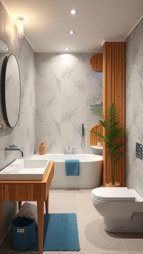 A modern bathroom featuring bamboo elements, a white bathtub, and blue accents.