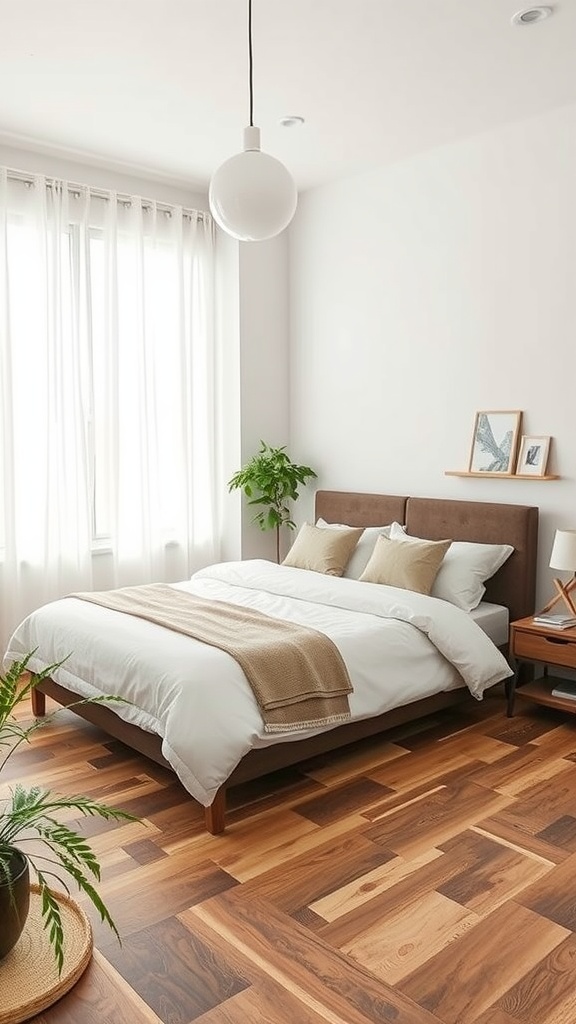 A cozy bedroom featuring wooden flooring, a large bed with neutral bedding, and a small indoor plant.