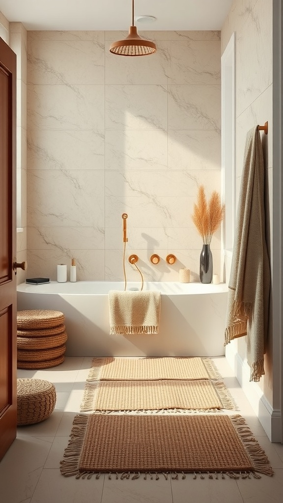 A stylish bathroom featuring sustainable textiles, including woven rugs and organic cotton towels, creating a cozy atmosphere.