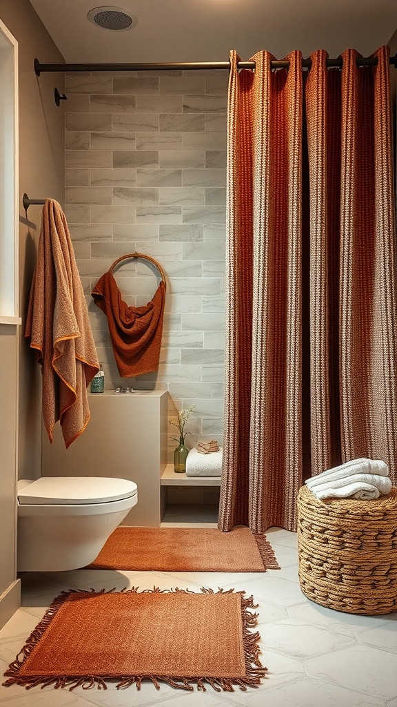 Warm earthy bathroom with textured fabrics including curtains, towels, and rugs in shades of red and brown.