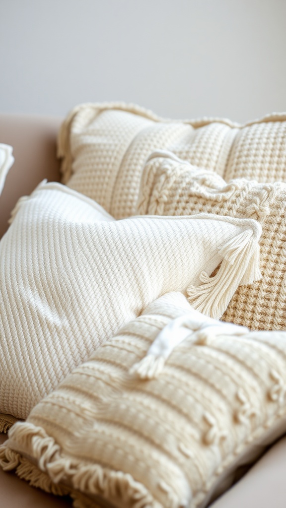 A collection of textured off-white throw pillows on a couch, showcasing different patterns and styles.