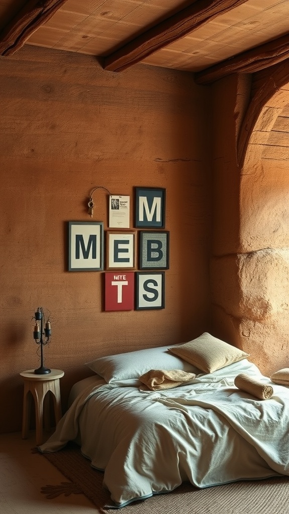 A cozy bedroom with textured earthy walls, wooden beams, and a soft bed.