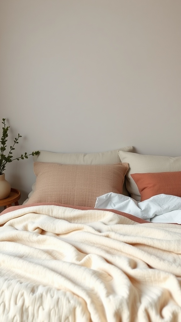 A cozy bed with various cushions and blankets in soft, neutral tones, complemented by a small plant.