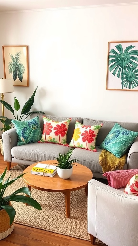 A cozy living room decorated with tropical-themed accessories, including vibrant throw pillows, green plants, and tropical artwork.