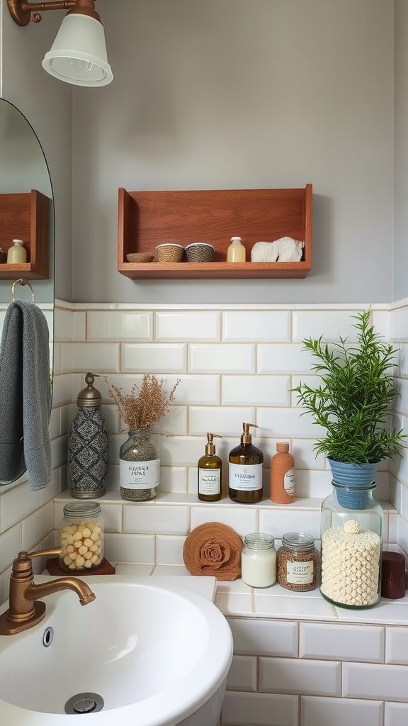 A stylish college bathroom with upcycled accessories including a wooden shelf, glass jars, and a small plant.