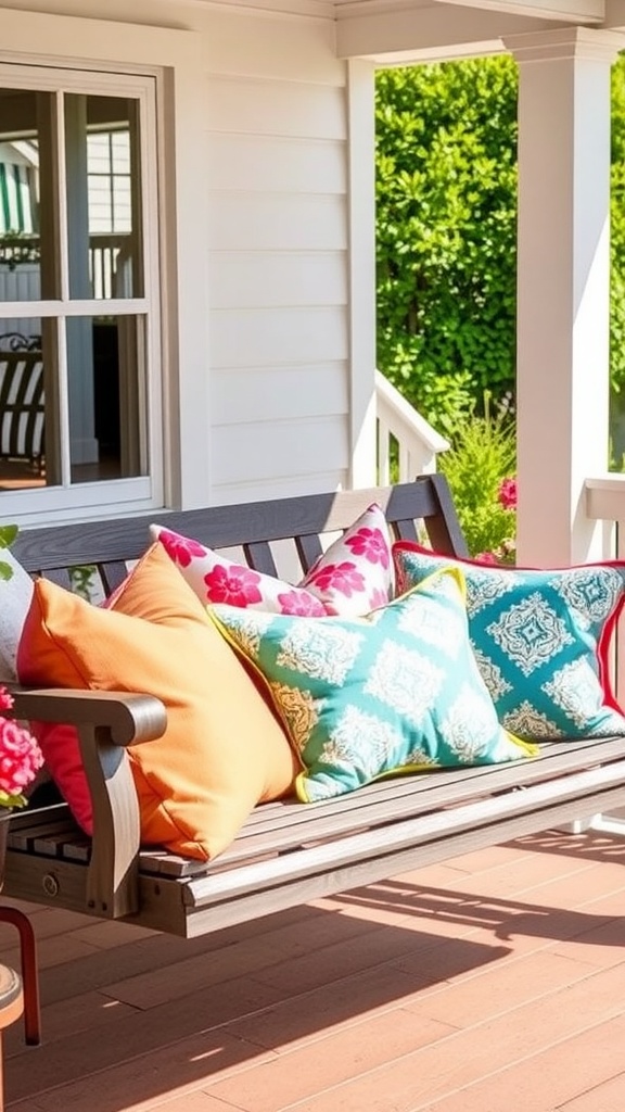 A cozy porch with a bench covered in colorful throw pillows, featuring floral and geometric patterns.