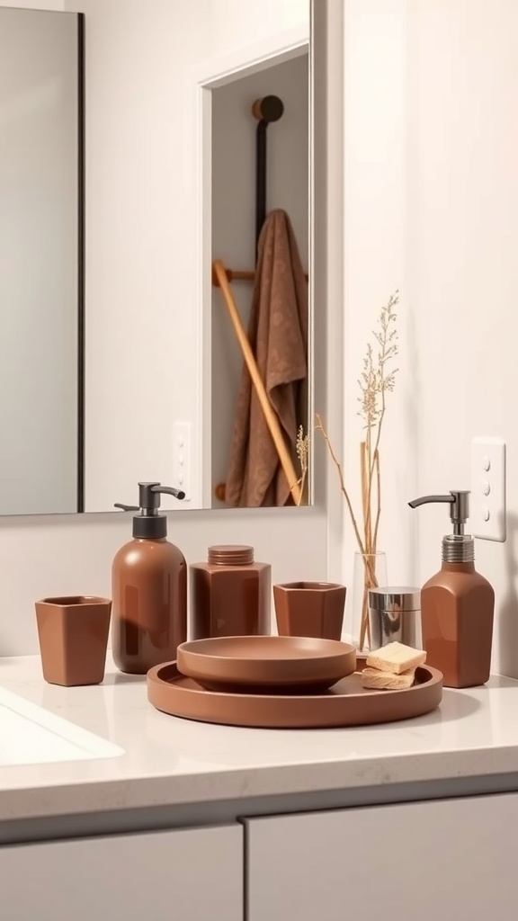 A bathroom countertop featuring warm chocolate-colored bath accessories, including lotion and soap dispensers, containers, and a decorative bowl.