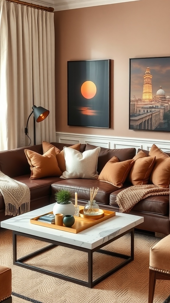 A cozy living room featuring a warm chocolate sofa with textured throws, a stylish coffee table, and soft lighting.