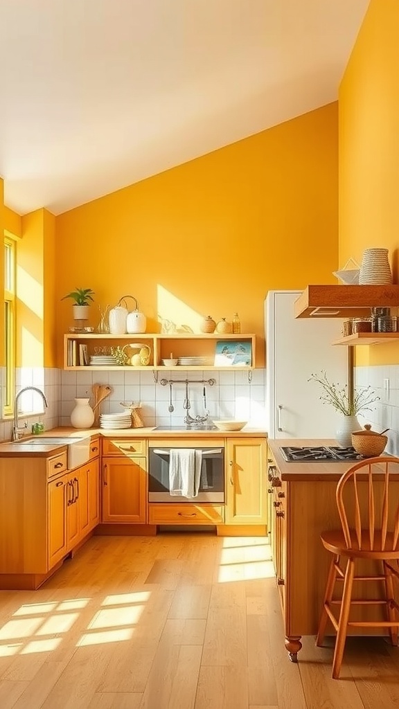 Cozy kitchen featuring warm golden yellow walls, natural wood cabinets, and sunlight pouring in.