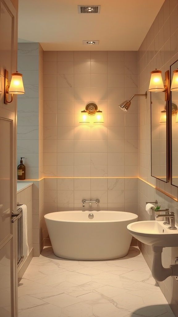 A cozy bathroom with warm lighting fixtures illuminating a freestanding bathtub, creating a relaxing atmosphere.