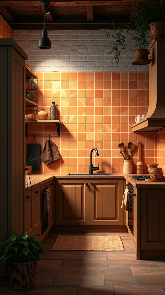 A warm-toned kitchen featuring terracotta tiles as a backsplash, wooden cabinetry, and black fixtures.