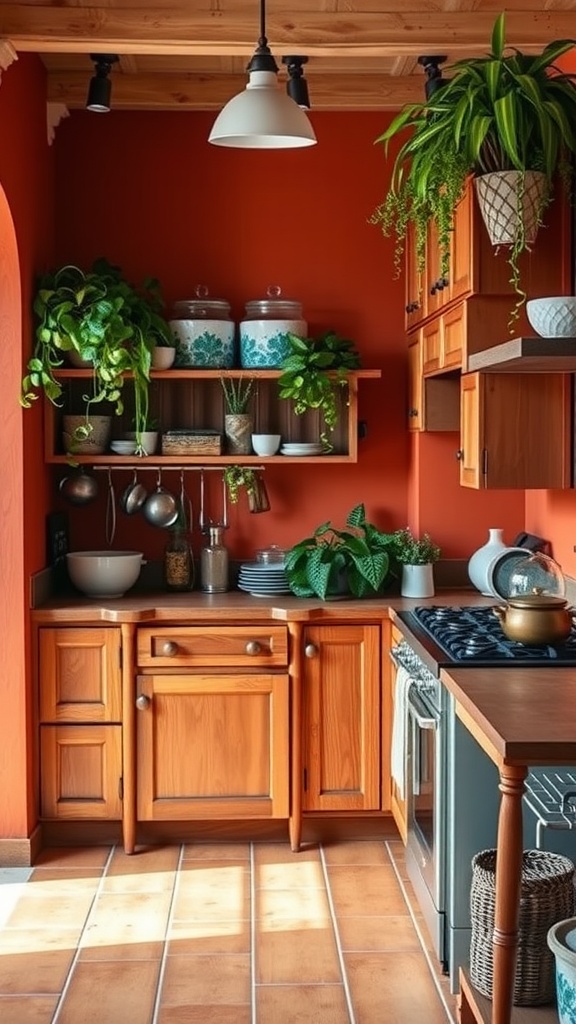 A cozy kitchen featuring warm terracotta walls, wooden cabinets, and vibrant green plants.