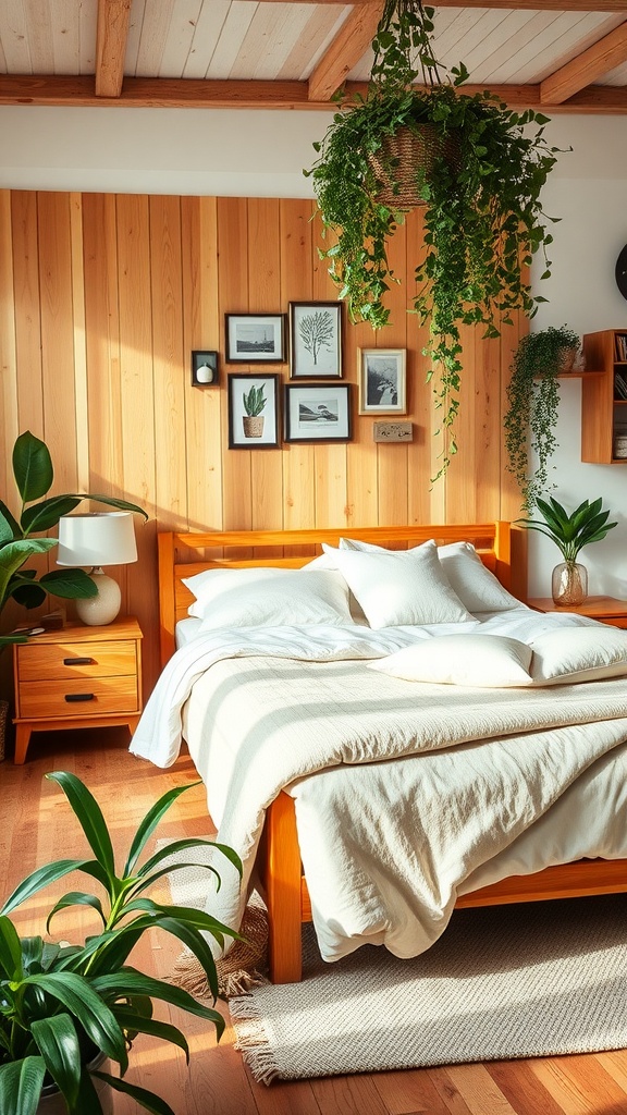 Cozy bedroom with warm wood accents, soft textiles, and hanging plants.