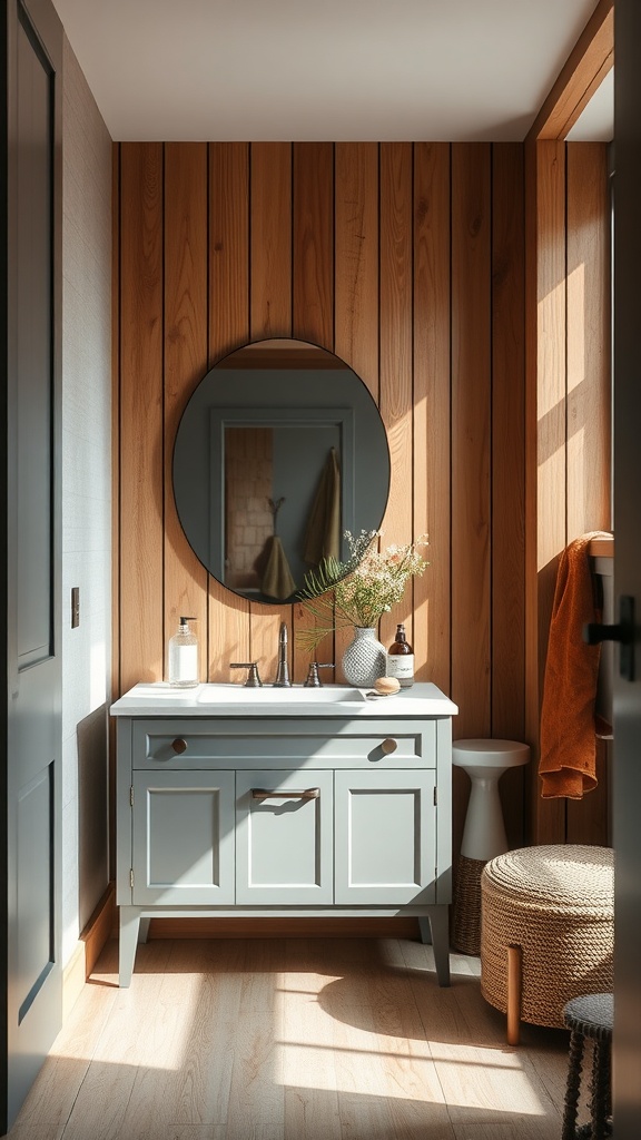 A cozy bathroom featuring a gray vanity, wooden paneling, and warm decor accents.