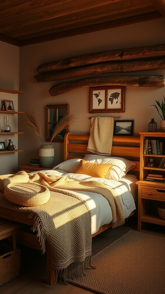 A cozy bedroom with warm wooden accents, featuring a wooden bed, soft blankets, and natural decor.
