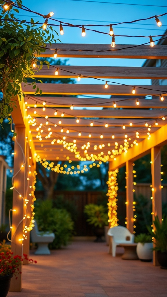 A patio adorned with string lights, creating a warm and inviting atmosphere.