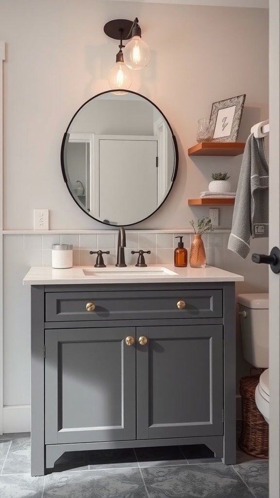 Earthy bathroom with gray vanity and wooden shelves.