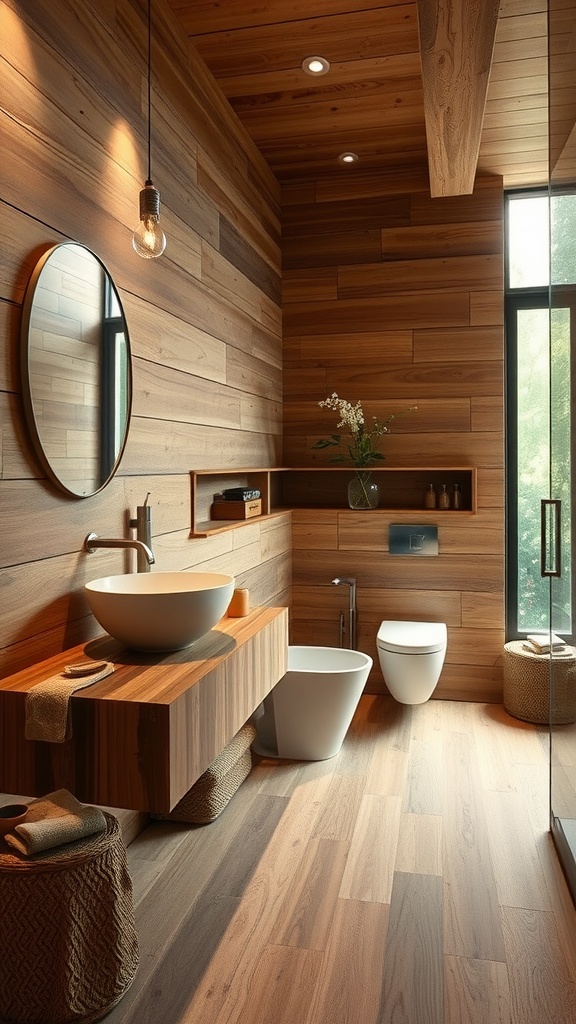 A wooden-themed bathroom featuring warm wooden walls, a circular mirror, and a sleek sink, creating a tranquil space.
