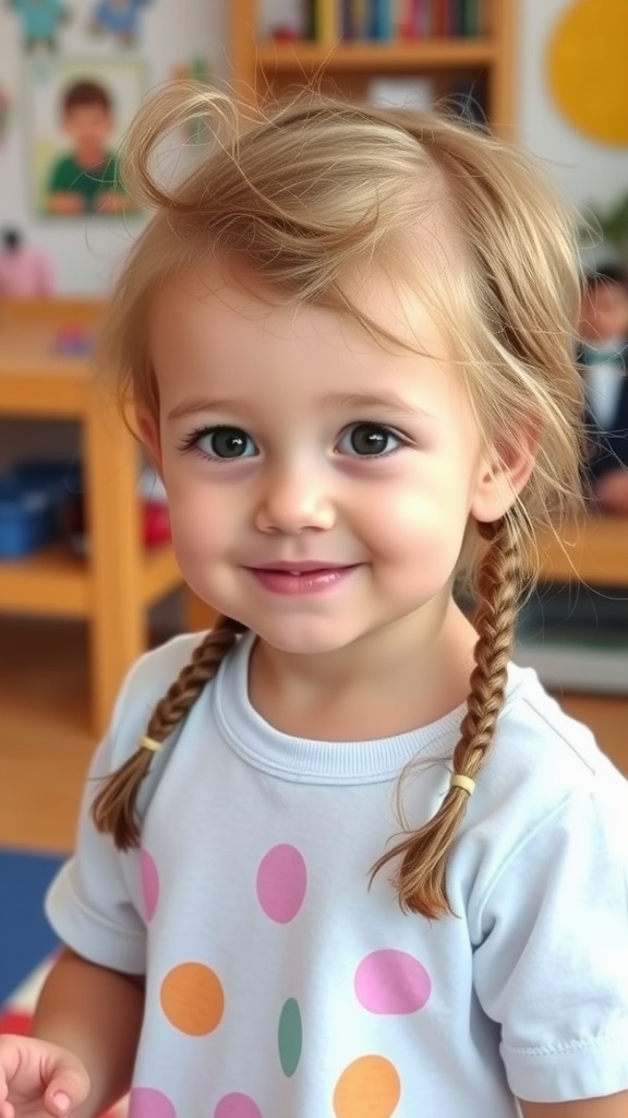 A smiling child with two accent braids, wearing a light blue shirt with colorful polka dots.