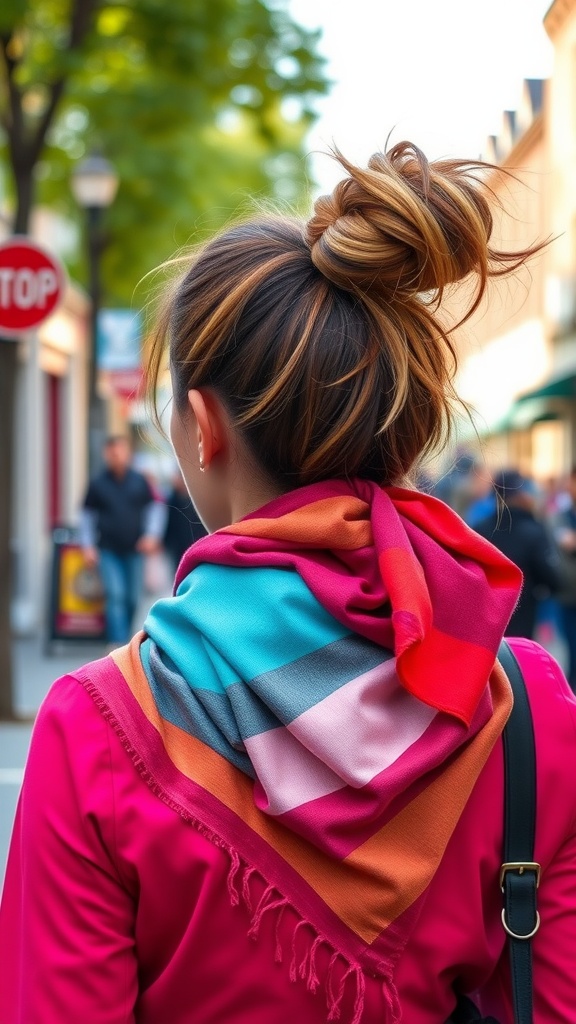 A vibrant high ponytail with a colorful scarf wrapped around it, styled on a woman wearing a pink jacket.