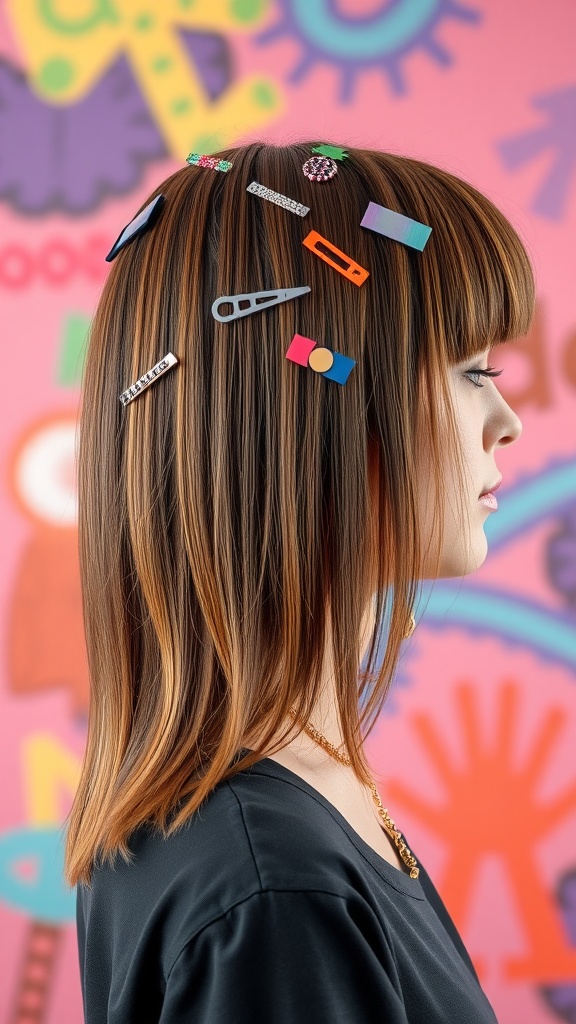 A woman with straight hair styled in a modern mullet, adorned with colorful hair clips against a vibrant background.