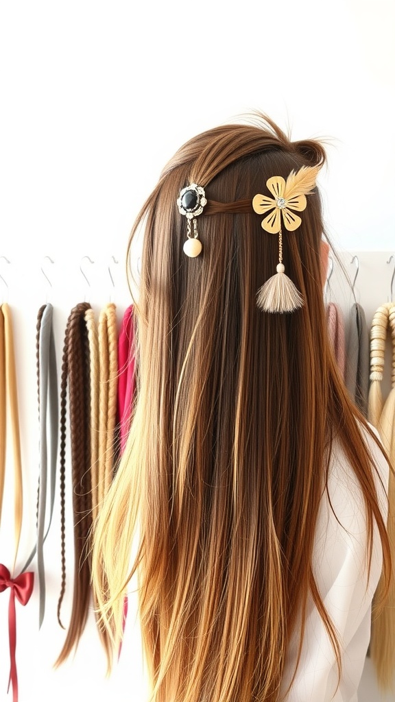 A woman with long hair styled with decorative accessories, including floral clips and tassels.