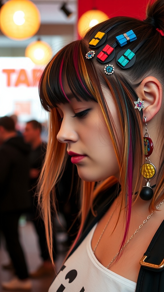 A woman with a mullet hairstyle accessorized with colorful hair clips.