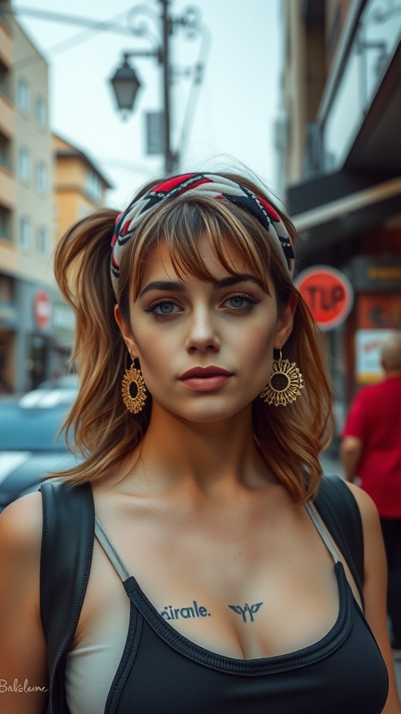 Woman with a soft mullet hairstyle wearing a patterned headband and statement earrings.