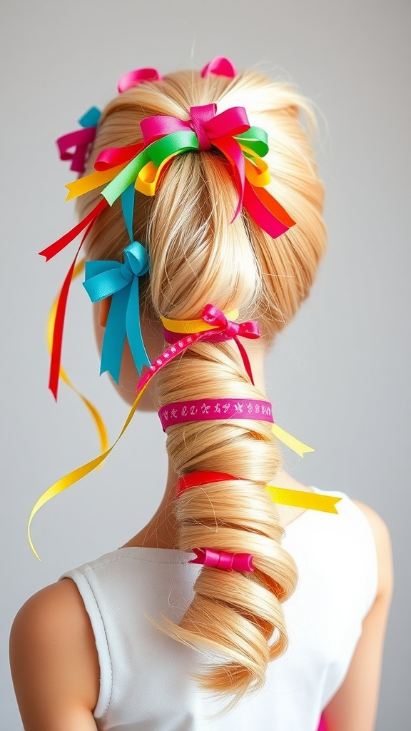 Barbie ponytail hairstyle with colorful ribbons and bows
