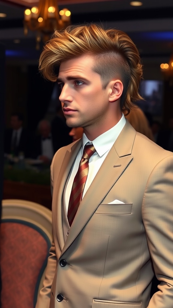 A young man in a beige suit with a curly mullet hairstyle, showcasing a stylish look for a formal event.